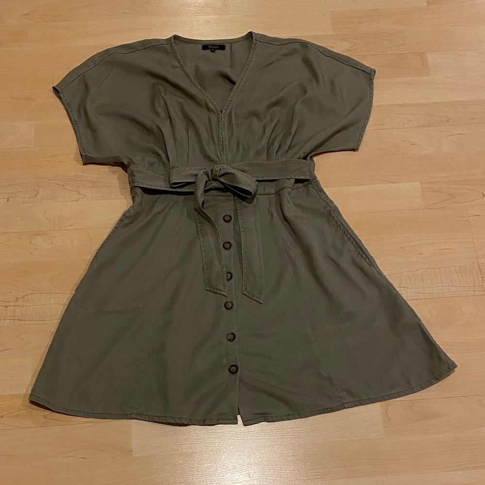 Quince Vintage Wash Olive Green Tencel Button Front Dress Tie Waist Medium